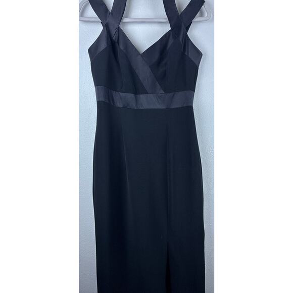 Vintage Cache Sz 4 Black Halter Straps Silky Trim Front Slit Lined Bandage Maxi - Picture 5 of 16